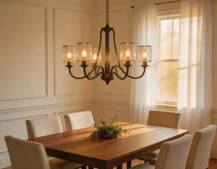Minka Lavery Laurel Estate chandelier over a warm dining room